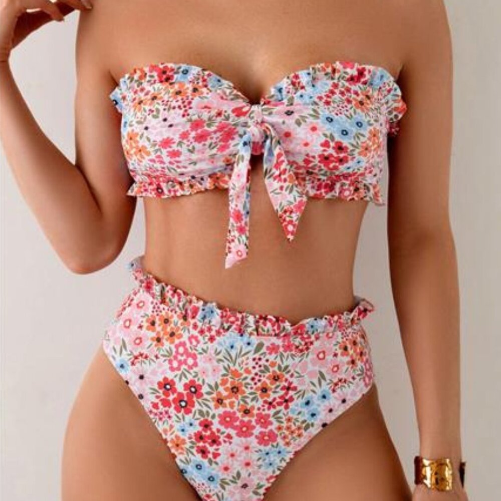 2-Piece Floral Ruffle Bikini Top with High-Waisted Bottoms